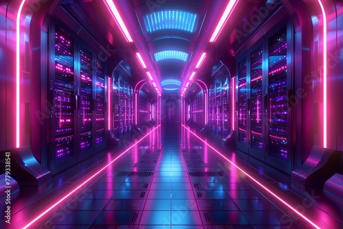 Futuristic server room, neon lights, digital data streams flowing, abstract background ,ultra HD,clean sharp,high resulution