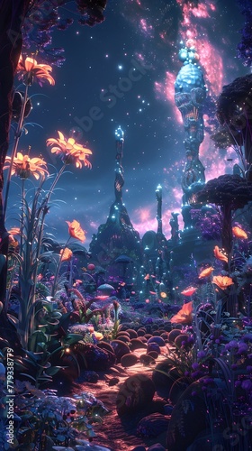 Fantastical Alien Botanical Garden Under Nebula Lit Skies