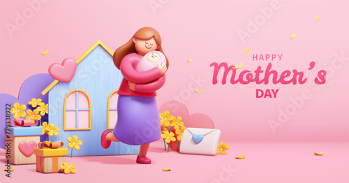 3D Lovely Mothers Day poster. Mother holding baby on pink background with flowers and festive decors.