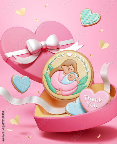 3D Sweet icing cookies in heart shape box on pink background. Happy Mothers Day poster.
