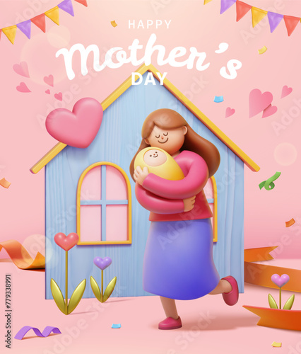 3D Mothers Day Poster. Mother holding baby with house cardboard and festive decors on pink background.