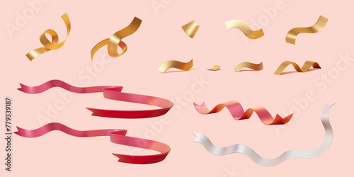 3D golden, red, and white color party ribbon elements isolated on light pink background