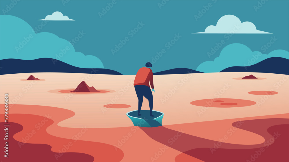 A person standing on a shifting sandbar attempting to find solid ground amidst the uncertainty and chaos of their inner world.