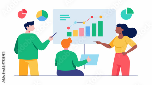 Detail of a team of people discussing data visualization and ysis on a whiteboard using colorful markers to draw different visual