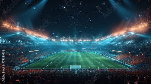 football stadium with fans and green grass field at night time, illuminated by bright lights. The stands filled with cheering crowd under starry sky photo