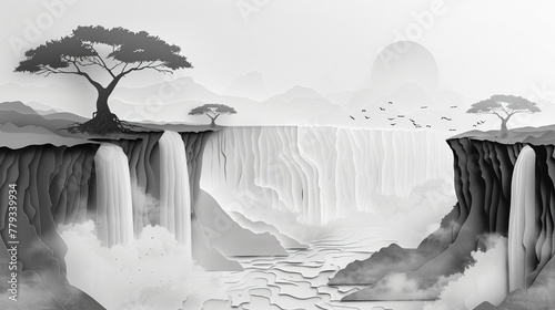 Create a paper cut design of the majestic Victoria Falls, illustrating the waterfall's vast expanse and mist photo