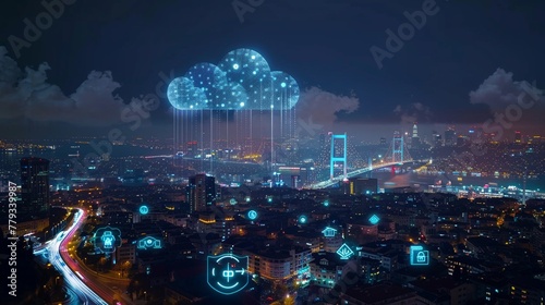 city with icons representing digital, cloud and internet connection over night sky background in Istanbul at front view. Aerial wide angle shot. Big data technology concept