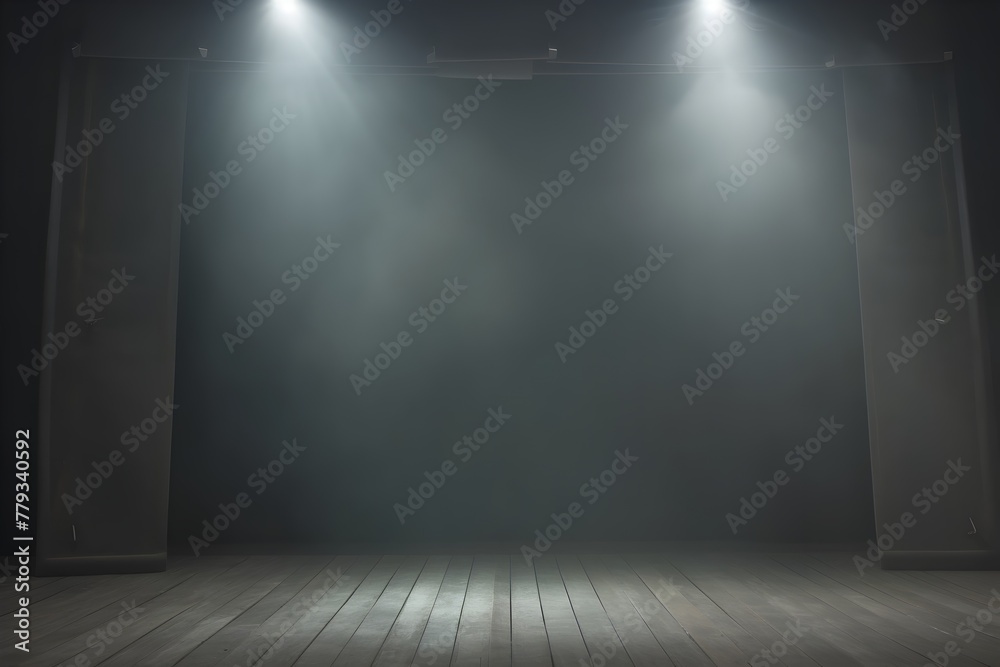 Dramatic Theatrical Stage Beam with Spotlights and Lighting Illuminating a Dark and Mysterious Cinematic Studio Scene