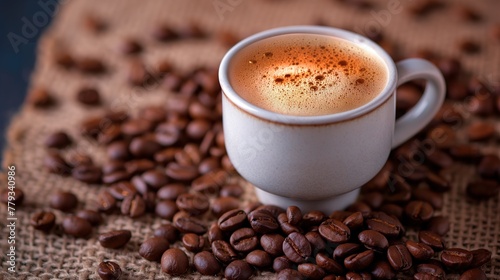 Morning Bliss A Cup of Coffee with Coffee Beans Perched Atop, Ready to Delight the Senses