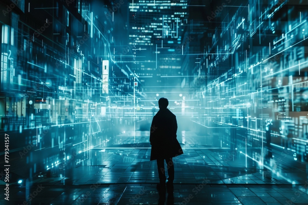 Solitary shadowy figure standing in the midst of an immense virtual city grid Solitary shadowy figure standing in the midst of an immense virtual city grid