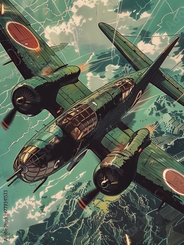 Retro comic depiction of a Japanese bomber over WWII landscapes, vintage military aviation art.