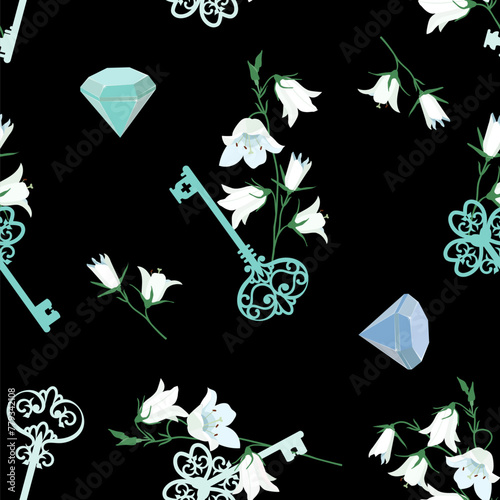 Seamless vector illustration with vintage keys, bellflowers and diamond