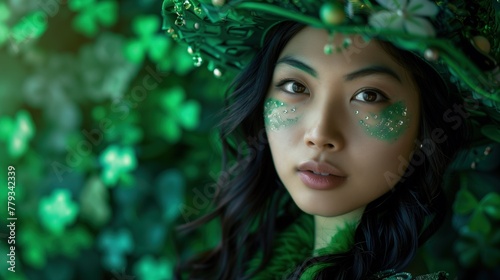 Multicultural Mirth Young Asian Woman Dressed Up for St. Patrick Day Celebration