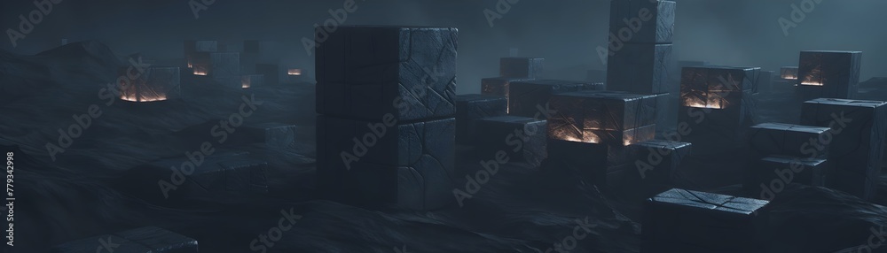 Cubes in Futuristic Dark Landscape Conveying Blockchain and Decentralized Currency Concepts