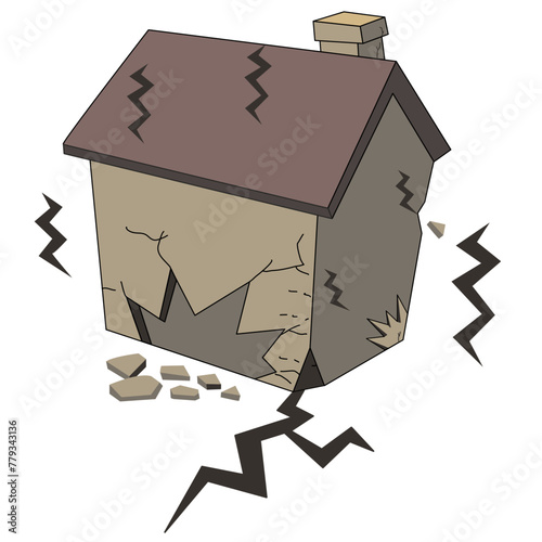 Earthquake vector illustration. Damaged house in ground. Destruction  with cracks and damages on buildings.