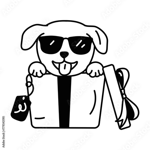 Cool puppy in a gift box, glyph style icon 