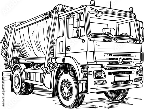 Outline illustration of modern garbage truck