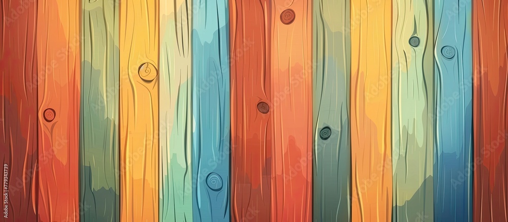 A vibrant cartoon illustration of a wooden fence featuring a variety of tints and shades, creating a beautiful pattern with a magenta door in a rectangle fixture - obrazy, fototapety, plakaty 