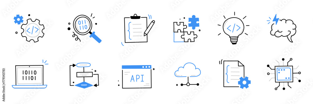 Software code icon doodle set. Hand drawn line sketch software coding doodle. Computer program build technology, data operate, application product test icon. Program build vector illustration - obrazy, fototapety, plakaty 