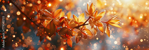 autumn background with orange leaves on a blurred bokeh light nature backdrop, generative AI