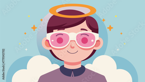 A cartoon of a person wearing rosetinted glasses with the phrase Halo effect written on the lenses. The surrounding characters are all smiling