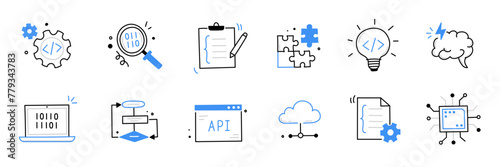 Software code icon doodle set. Hand drawn line sketch software coding doodle. Computer program build technology, data operate, application product test icon. Program build vector illustration photo