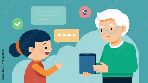 A child patiently guides their grandparent through a virtual assistant showing them how to make handsfree calls set reminders and more.