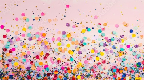 Vibrant confetti pieces scattered with dynamic energy on a pastel pink background.