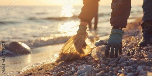 Volunteer picking up trash on a pebbly beach at sunset, focusing on environmental care. photo
