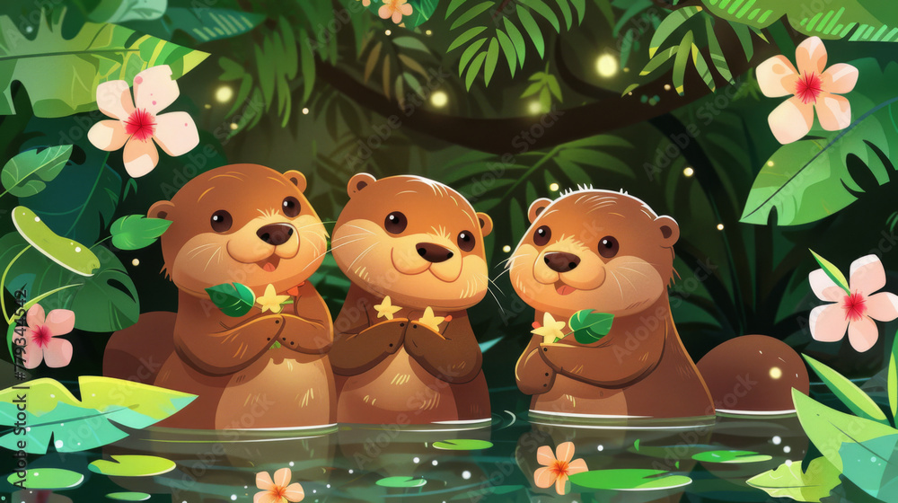 Naklejka premium A group of adorable otters are swimming in the river, surrounded by lush greenery and blooming flowers