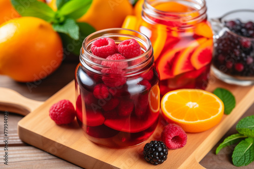 Fresh berry smoothies on mason jars. Fresh Fruit Smoothies In Glass Jars, generative ai.
