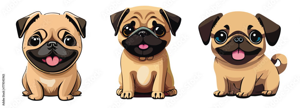 Two cute white dogs, one pug and one mastiff, sitting in a row on a white background Two cute white dogs, one pug and one mastiff, sitting in a row on a white background