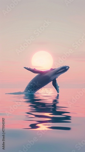 A whale breaching under the summer sun, Summer theme, 2D illustration, isolate on soft color © Pairat