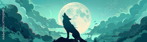 A wolf howling under the summer moon, Summer theme, 2D illustration, isolate on soft color photo