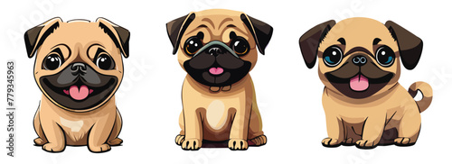 Two cute white dogs, one pug and one mastiff, sitting in a row on a white background