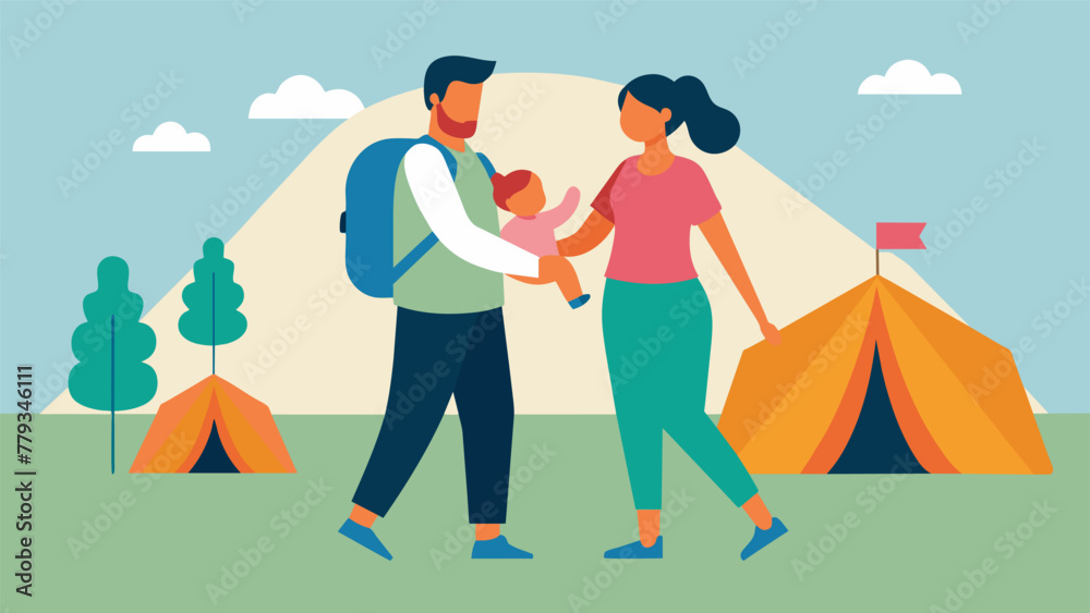 A family on vacation is shown with the father carrying the baby in a sling while the mother sets up a tent shifting the responsibility of