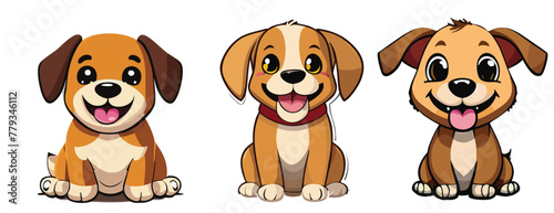 Two happy dogs with bones sit in a row on a white background, one brown and one white, creating a cute and funny illustration of adorable canine companions