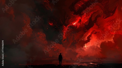 The devil appears in a dream, his menacing silhouette looming in the darkness photo