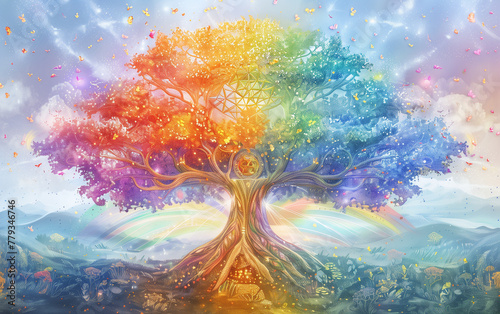 Radiant Rainbow Tree of Life: Animated Symbolism with God Rays photo