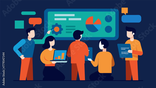 A group of workers huddled around a large virtual screen yzing data from different sources in realtime.