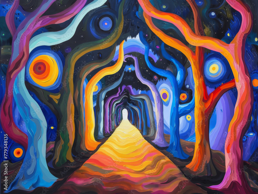 A surreal painting of trees with faces and colorful arches, representing the duality between light & dark in life's journey - obrazy, fototapety, plakaty 