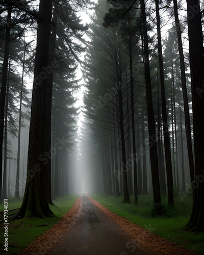 Una imagen ligeramente tenebrosa de un bosque oscuro rodeado de neblina photo