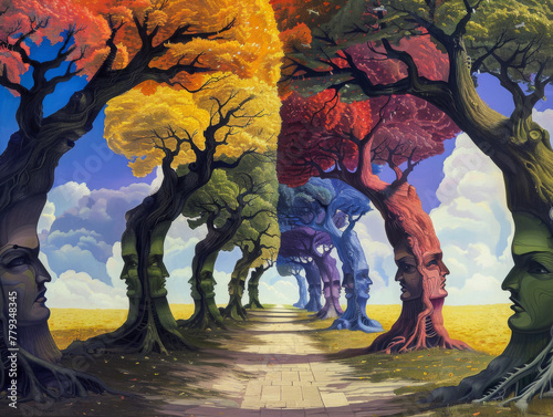 A surreal painting of trees with faces and colorful arches, representing the duality between light & dark in life's journey photo