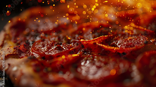 Spicy Diavola pizza close-up, Bill Brady style, high contrast, saturated colors, dark background.
 photo