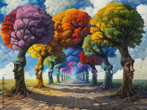 A surreal painting of trees with faces and colorful arches, representing the duality between light & dark in life's journey photo