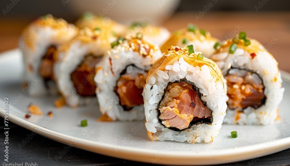 Close-Up of Delicious Sushi Rolls on Plate. Close-Up of Delicious Sushi Rolls on Plate.