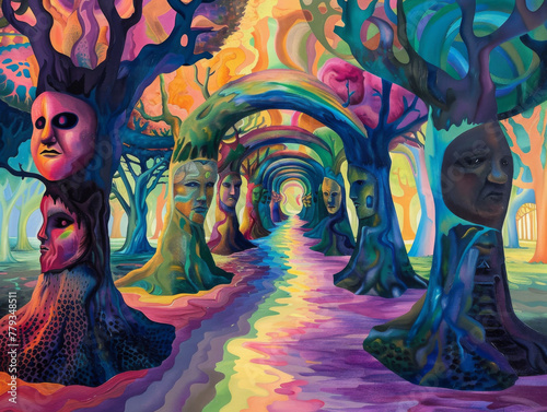 A surreal painting of trees with faces and colorful arches, representing the duality between light & dark in life's journey photo