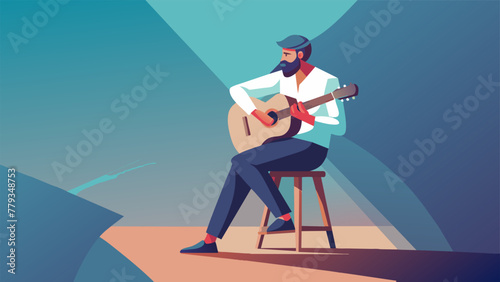 A lone artist sitting on a small stool with a guitar in hand crooning out soulful lyrics to a captivated audience. The soft strumming of the