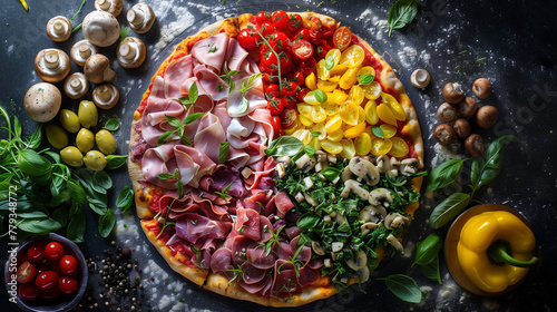 Quattro Stagioni pizza with seasonal toppings on modern surface, dramatic lighting, sharp textures.
 photo