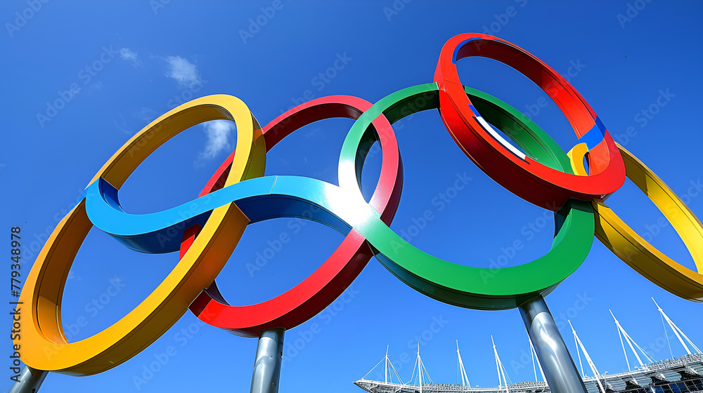Fototapeta premium Olympic rings against a blue sky symbolizing unity. generative ai 